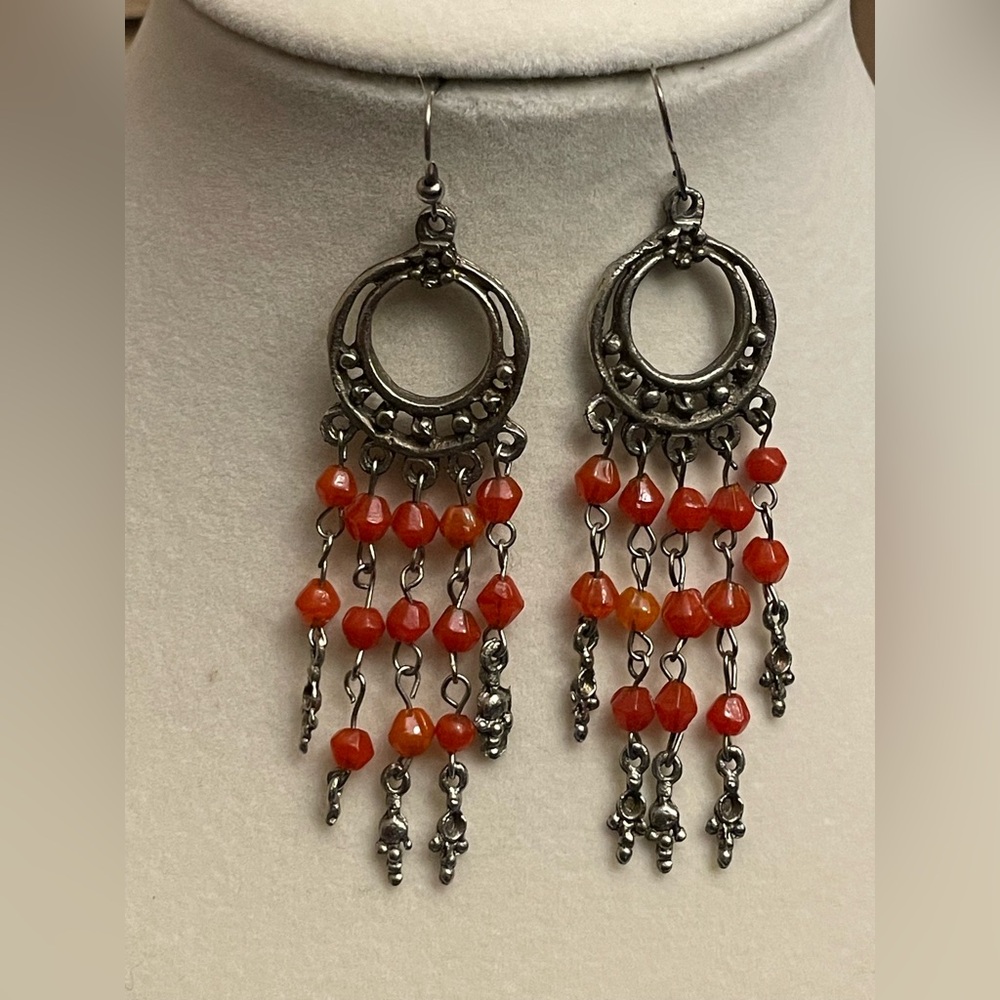Bohemian Silver and Orange Beaded Dangle Earrings
